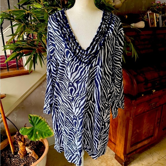 CZ ladies, V-neck 100% cotton cover-up size 1X excellent condition, Navy white - Picture 2 of 10